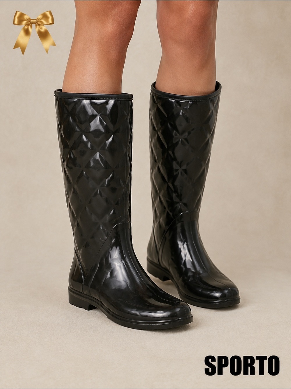 SPORTO Luxe Tribeca Black Quilted Shiny Rain Boots Sz 7M